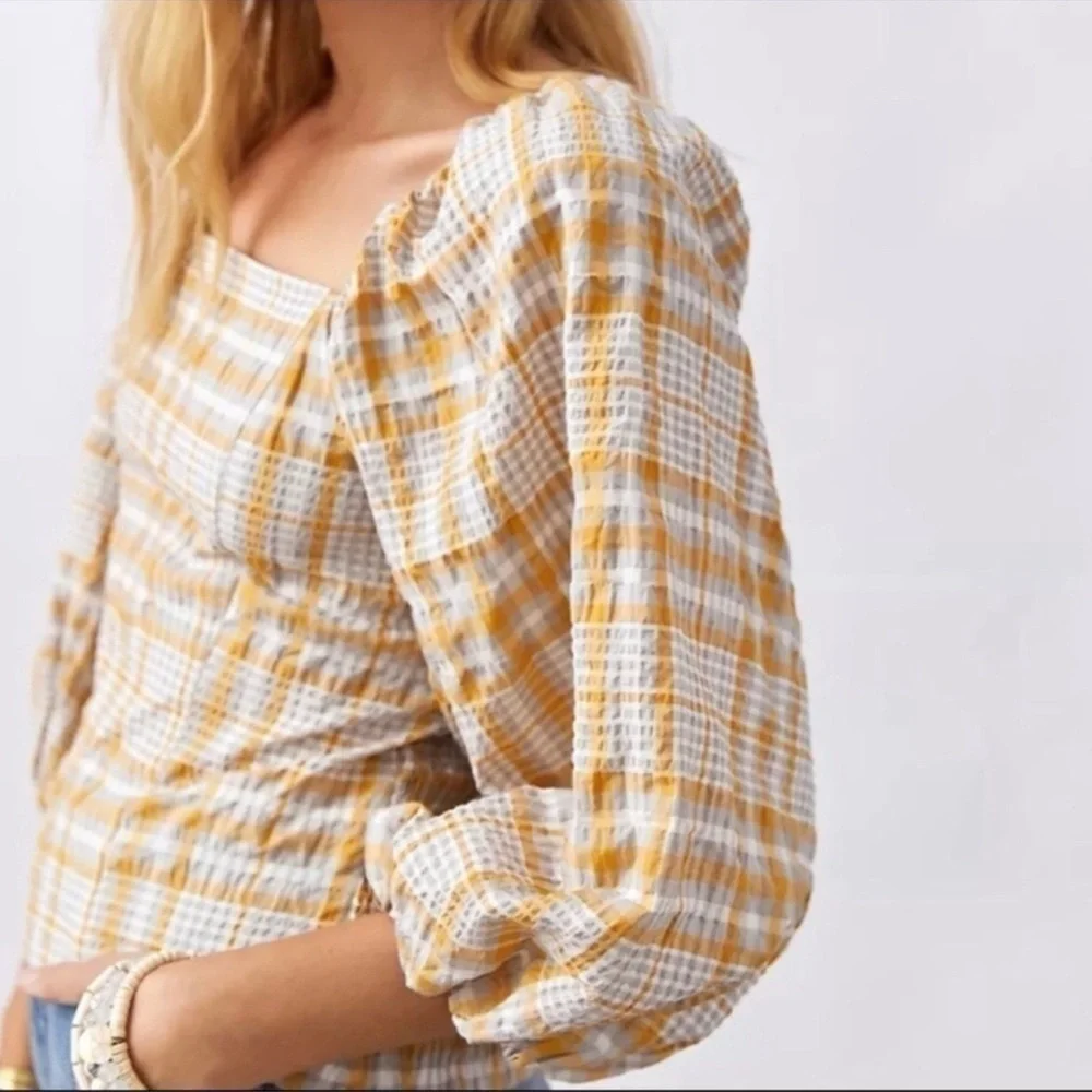 Anthropologie Top Maeve Plaid Square Neck